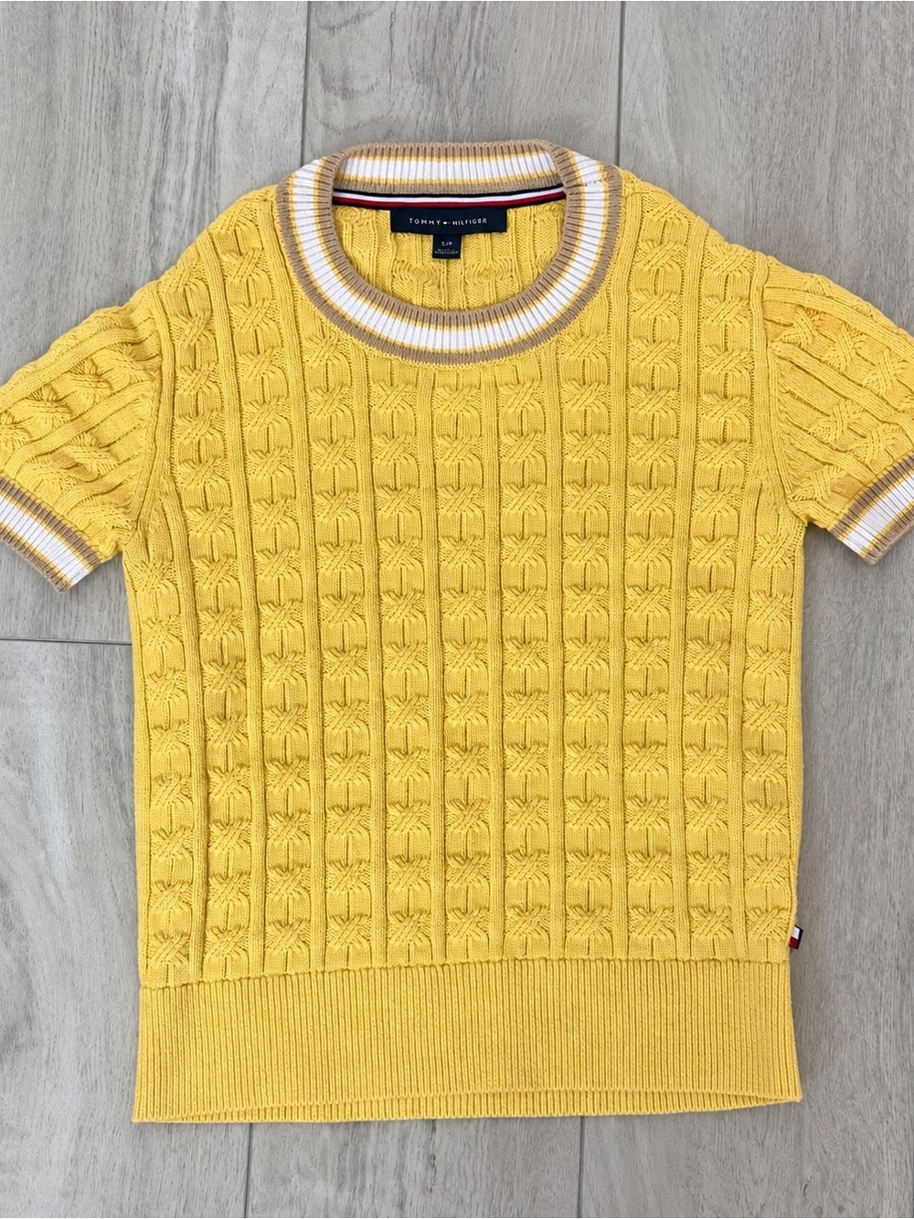 Tommy Hilfiger Yellow Cable Knit Short Sleeve Sweater Women’s S Preppy Y2K